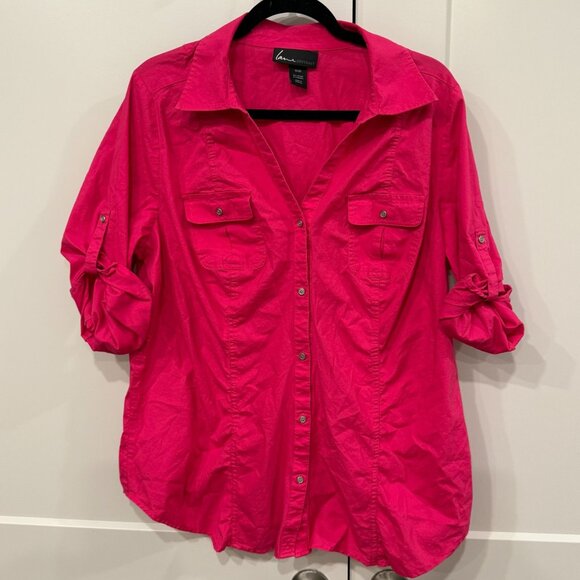 Lane Bryant Hot Pink Button Front Roll Tab Sleeve Shirt Women’s 18/20 Cotton - Picture 1 of 3